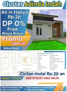 Dijual Rumah Cluster Dp0 Ready Stock Di Babelan Dekat Sumarecon Gdc