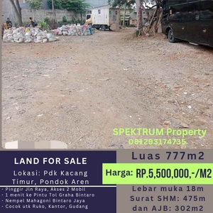 Tanah 777m2 Strategis Area Graha Raya Bintaro Pondok Aren Rp55jtm