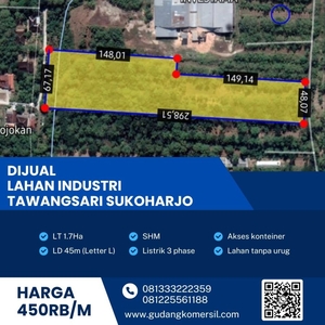 Dijual Tanah Industri Pergudangan 1,7 Hektar Tawangsari,Sukoharjo