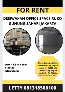 Disewakan Office Space Ruko Gunung Sahari Jakarta Pusat