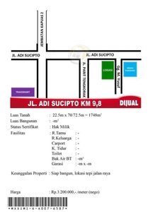 Tanah Tepi Jalan Adisucipto Km 9,8 Uk 22,5x70 hrg 3,2jt/m