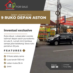 Dijual ruko jalan utama purwokerto 9 unit, depan hotel aston