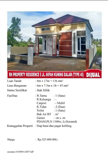 Rumah Dijual Type 45 RH Property Residence 5 Nipah Kuning Dalam