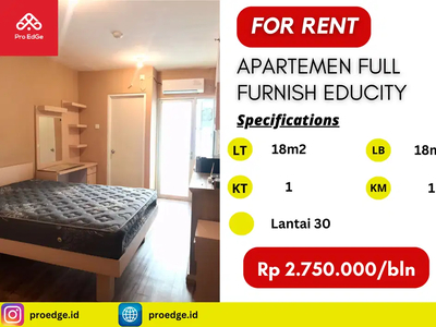 Disewakan Murah Apartemen Full Furnish lt 30 di Educity