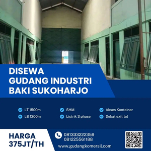 Disewakan gudang Industri Pergudangan 1500m2 Berlimbah Sukoharjo