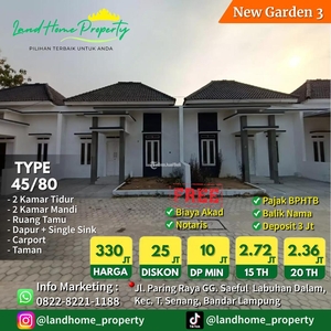Jua;L Rumah Baru Promo Cicilan Ringan Perumahan New Garden 3 Type 45/80 - Bandar Lampung