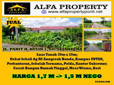 Dijual Tanah 600 m2 Bangun Rumah, Mess, Kost Paris 2 Pontianak Kota