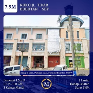 Jual RukoLuas 225/75 di Jalan Tidar 7.9M Parkiran Luas Include Furnish Kantor - Surabaya