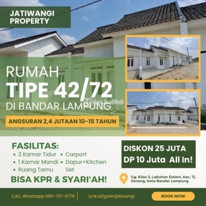 Jual Rumah Tipe 42/72 2KT 1KM DP Kecil Angsuran 10-15 Tahun Perumahan Lokasi Strategis Harga Murah - Bandar Lampung